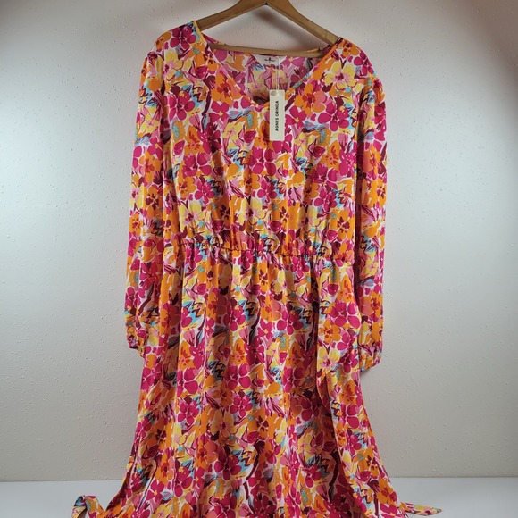 Agnes Orinda Dresses & Skirts - NWT Agnes Orinda Maxi Dress Womens 2X Pink Floral Long Sleeve V-Neck Tie Waist